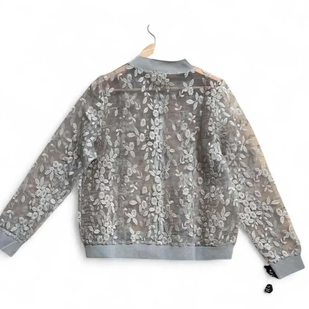 Lynn Cohen Sheer Floral Embroidered Bomber Jacket